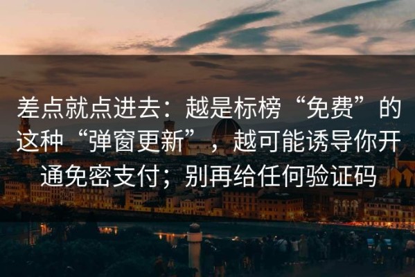 差点就点进去：越是标榜“免费”的这种“弹窗更新”，越可能诱导你开通免密支付；别再给任何验证码
